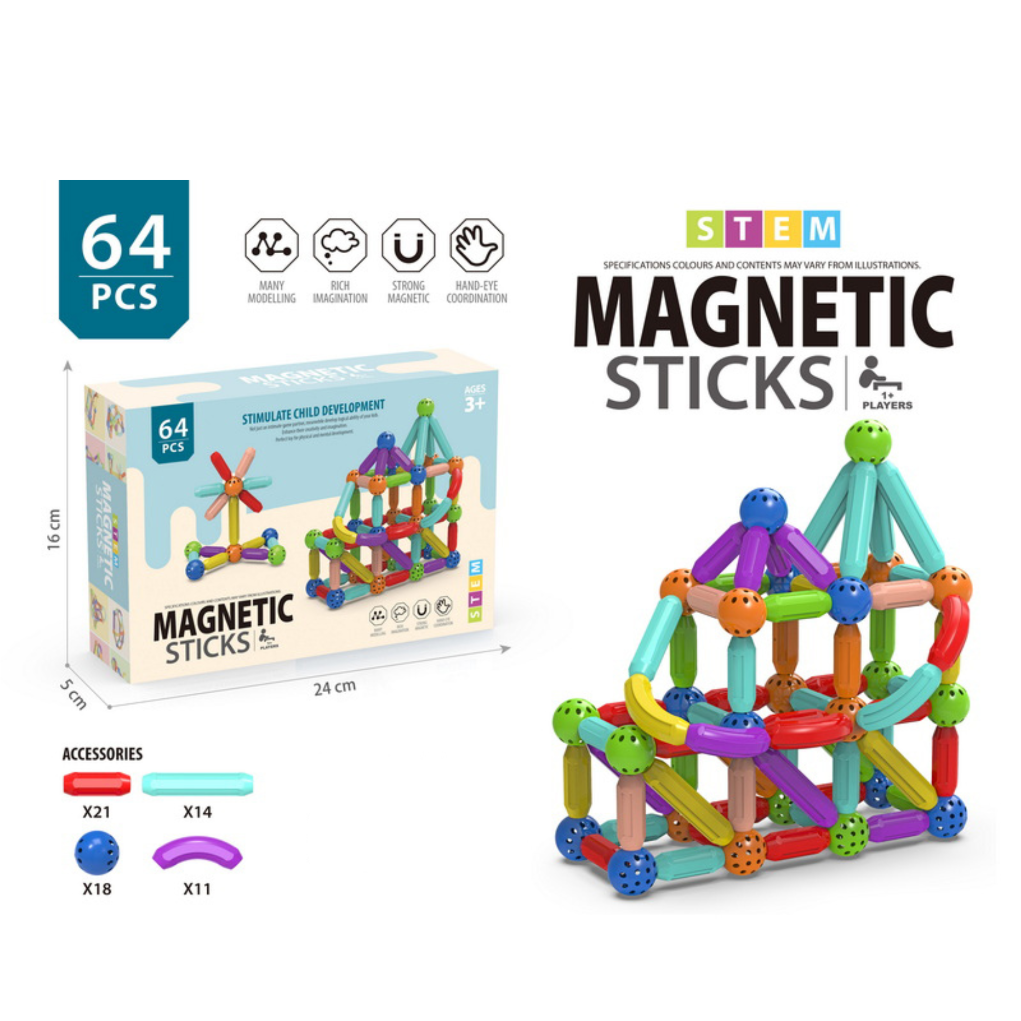 Magnetic Sticks Building Set – 64 Pieces | STEM Educational Toy for Kids 3+