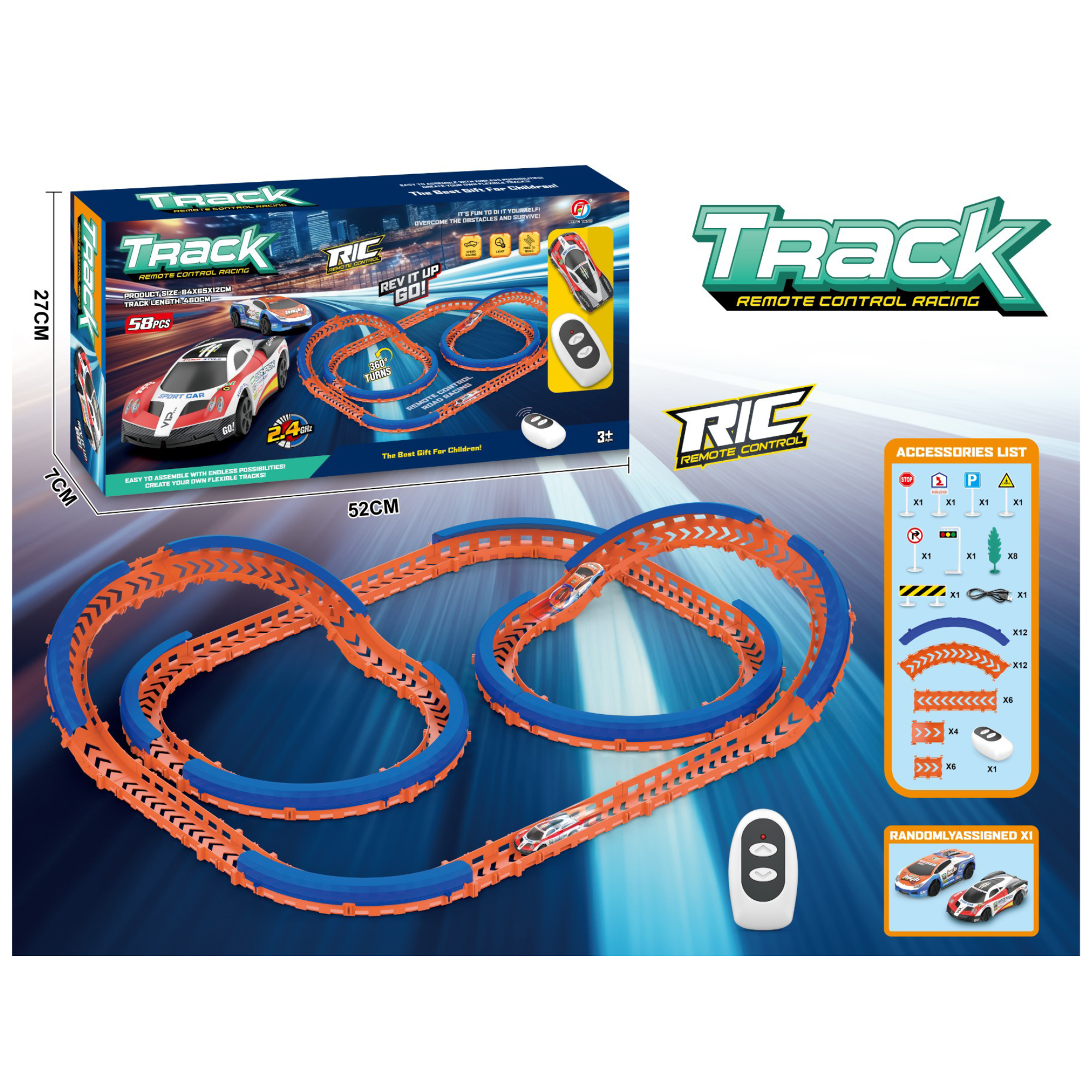 RC Racing Track Set – 58 Pieces | 2.4GHz Remote Control Car Track for Kids 3+