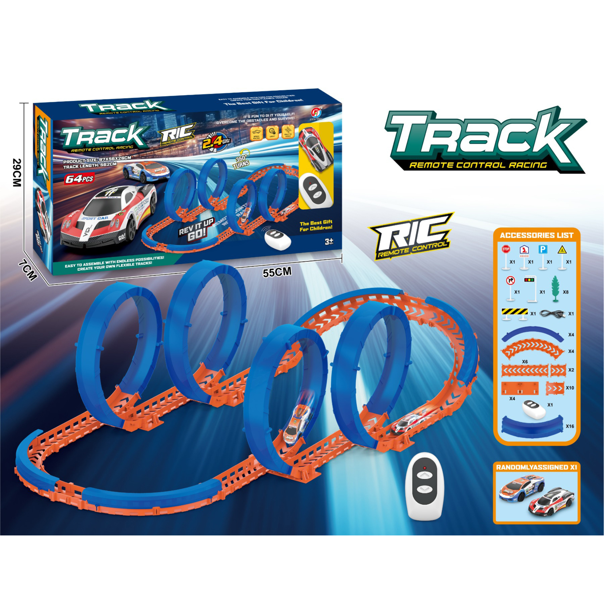 RC Loop Racing Track Set – 64 Pieces | Remote Control Car Track 2.4GHz for Kids 3+
