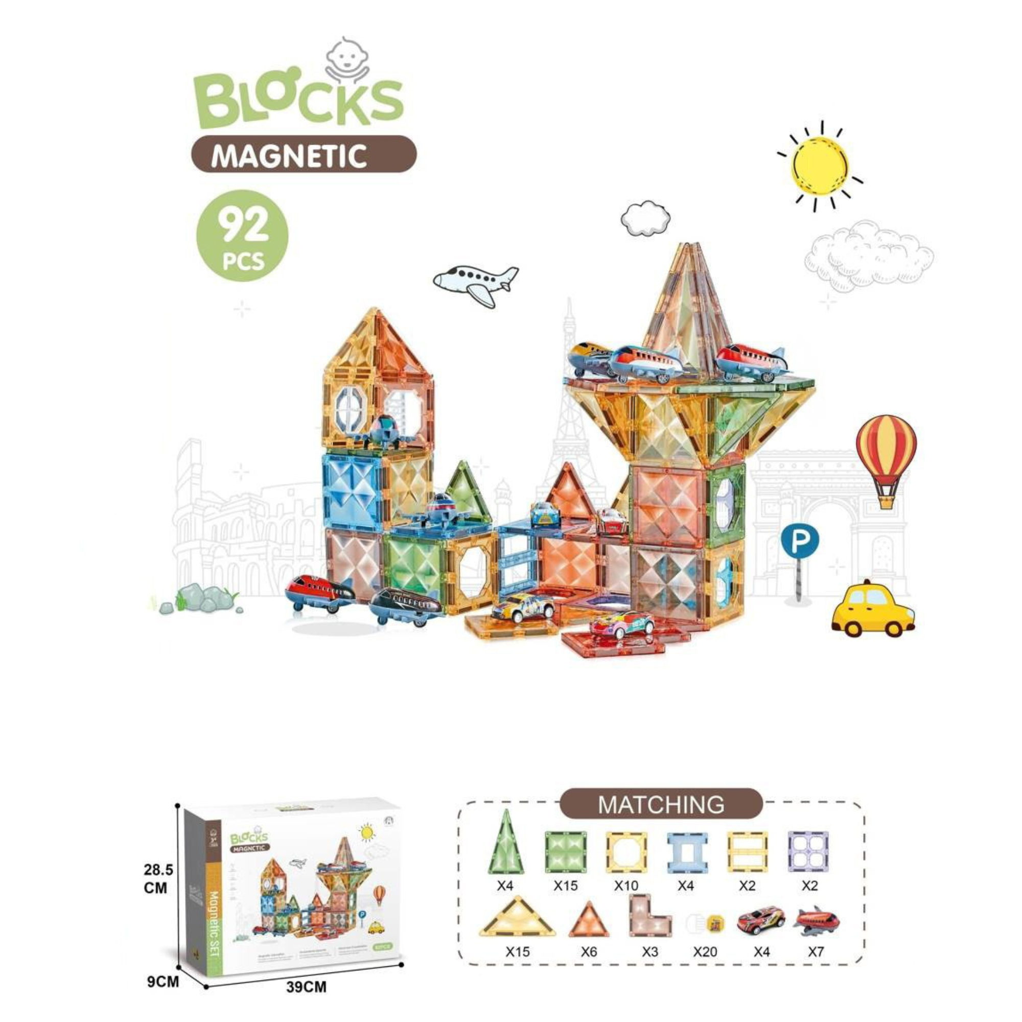 Magnetic Blocks Mega Building Set – 92 Pieces with Cars | Creative Construction Toy for Kids 3+