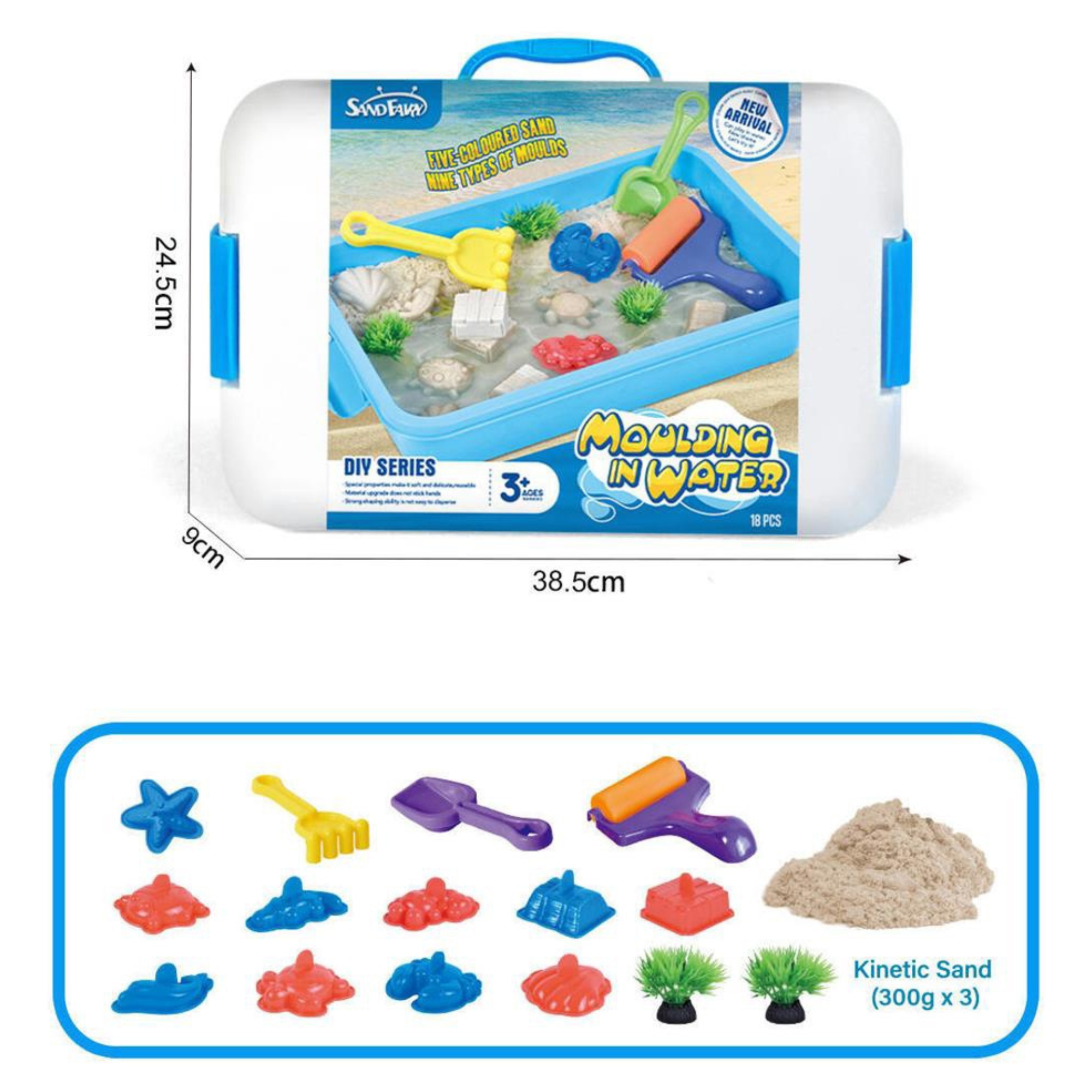 Water Molding Play Set with Kinetic Sand – 18 PCS Carry Case
