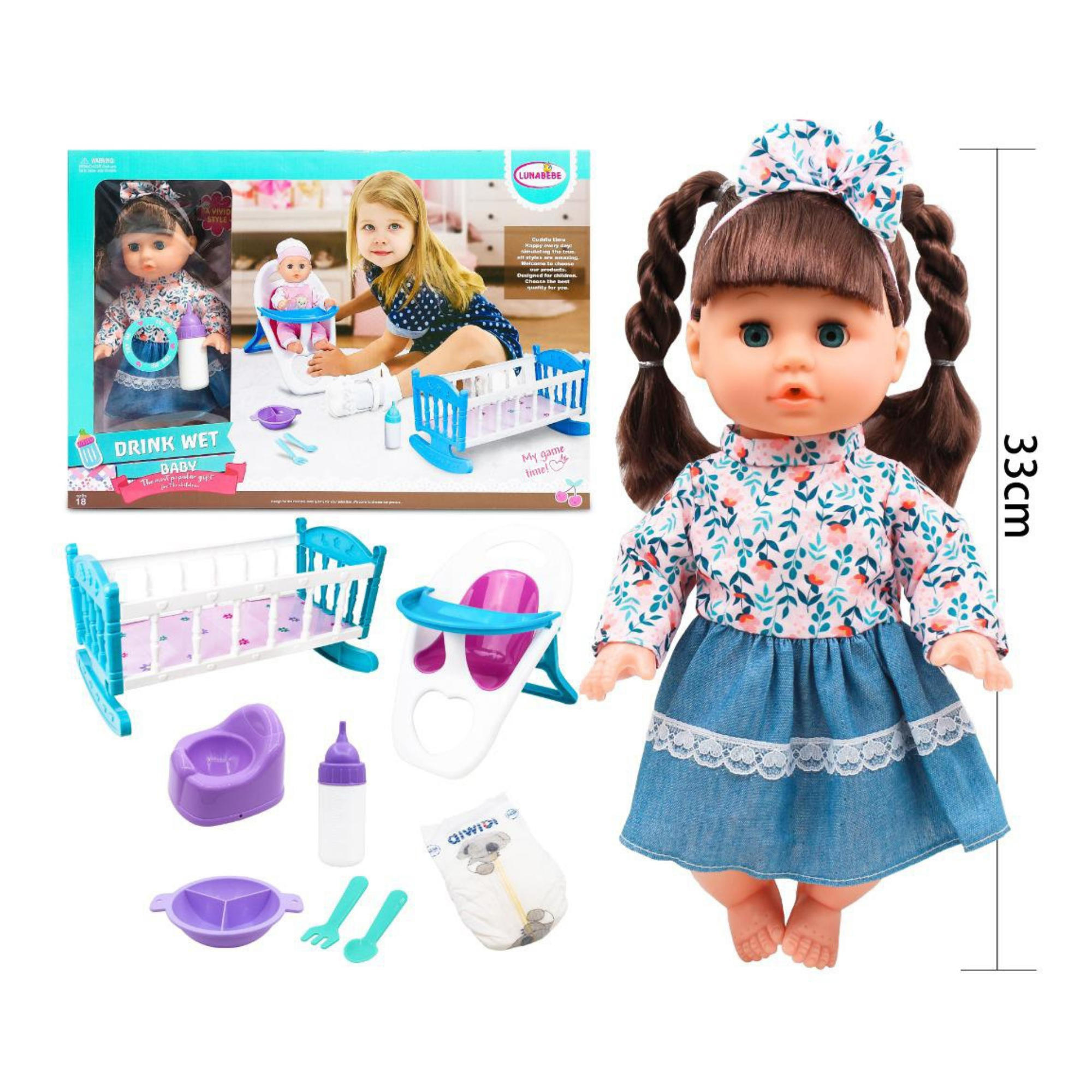 Drink & Wet Baby Doll with Accessories for Kids - 33 cm