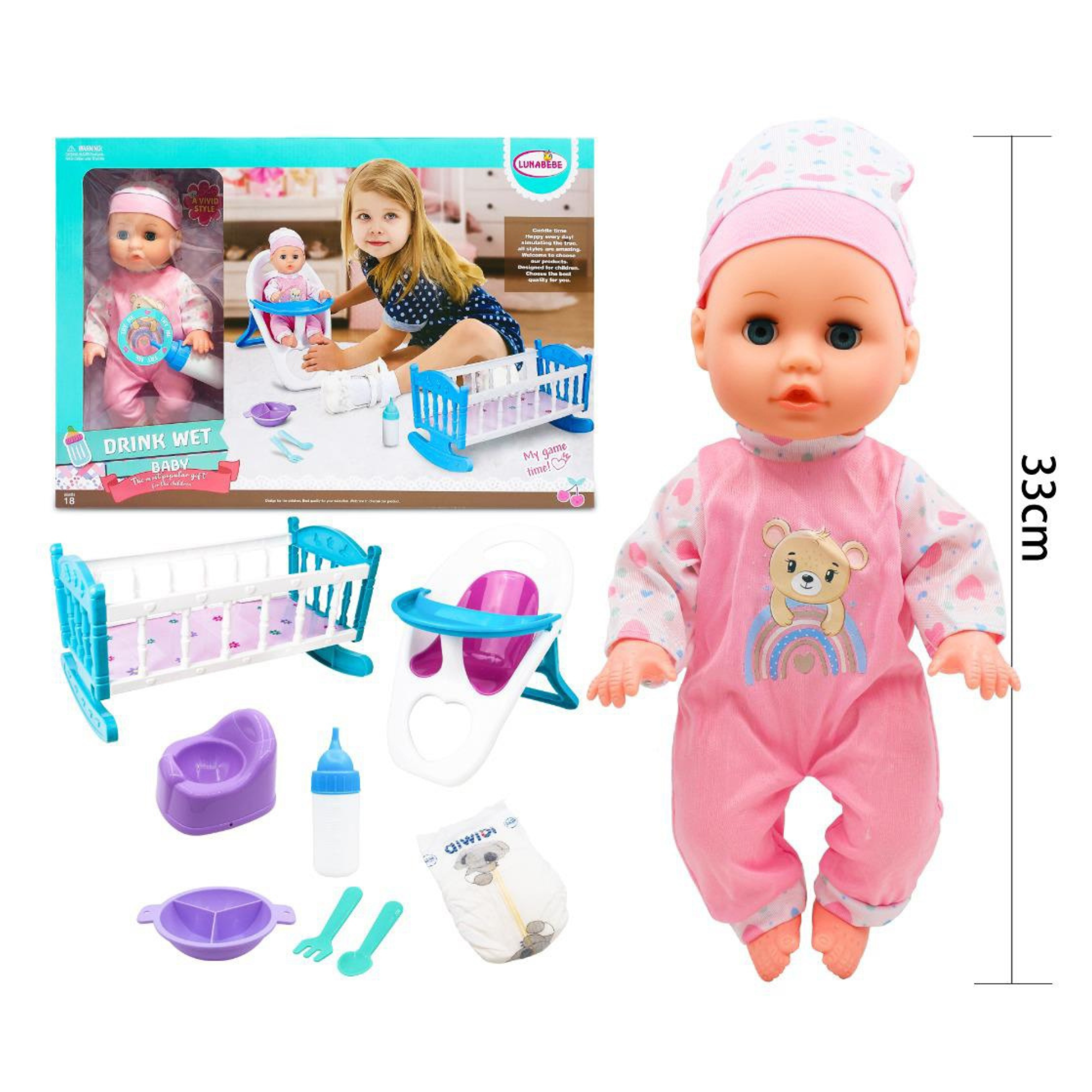 Drink & Wet New Baby Doll with Accessories for Kids - 33 cm